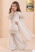 White indian kidswear girls kurta palazzo set, full front view on model, with sequins and thread work on georgette.