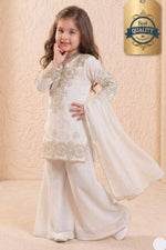 White Indian Kidswear Kurta Set with Palazzo & Dupatta