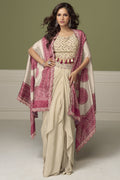 Woman wearing a magenta sangeet outfits for women plazo and blouse set in chinon silk with embroidery and print work, full-length front view.