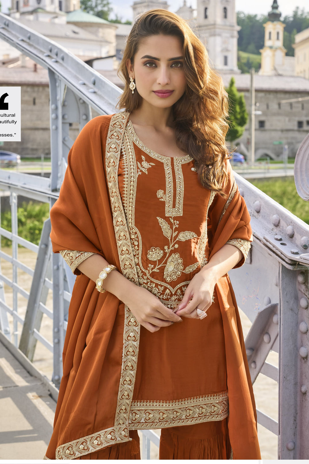 Model wearing a Rust silk sharara suit with embroidered pure silk kurta and dupatta, full-length side view.