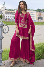 Reddish Pink silk sharara suit with embroidery work on pure silk, shown in a full front view of the kurta, sharara and dupatta.