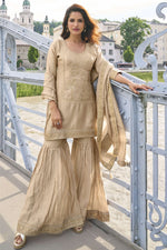 Beige Pure Silk Indian Sharara Suit for Eid Pakistani with Embroidery