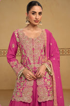 Close-up view of the neckline embroidery of the Magenta indian palazzo suit, showing the embroidered neckline and sleeve detailing on chinon silk.