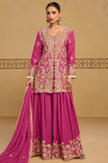 Magenta palazzo suit with thread and sequins embroidery work on chinon silk, shown in a full front view of the kameez, palazzo and dupatta.