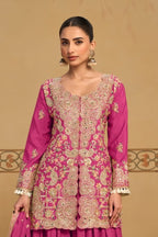 Torso view showing the thread and sequins embroidery of the Magenta kurta palazzo set, highlighting the thread and sequins work on the chinon silk kameez.