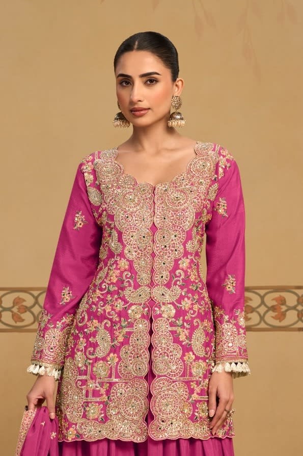 Torso view showing the thread and sequins embroidery of the Magenta kurta palazzo set, highlighting the thread and sequins work on the chinon silk kameez.