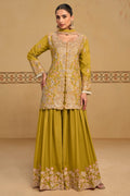 Mustard Yellow indian palazzo suit with thread and sequins embroidery work on chinon silk, shown in a full front view of the kameez, palazzo and dupatta.