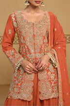 Torso view showing the thread and sequins embroidery of the Rust palazzo suit india, highlighting the thread and sequins work on the chinon silk kameez.