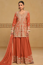 Rust palazzo suit for women with thread and sequins embroidery work on chinon silk, shown in a full front view of the kameez, palazzo and dupatta.