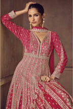 Pinkish red anarkali gown closeup showing bodice embroidery detail