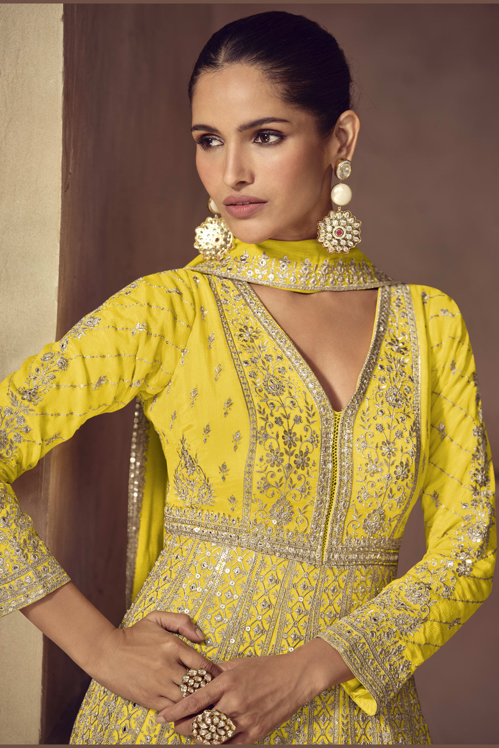 Back view of yellow anarkali for wedding with embroidered churidar and dupatta