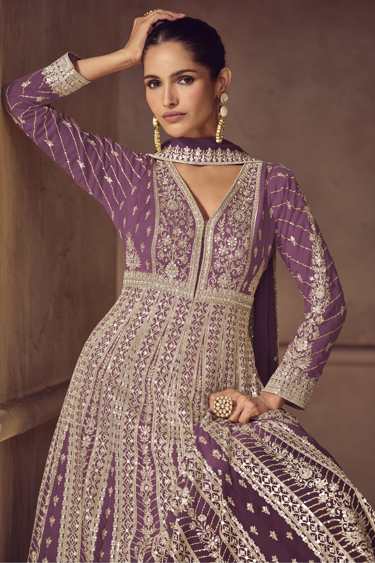 Purple chinon silk anarkali suit for wedding with full sleeves, full front view