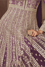 Purple anarkali for wedding waist-down view showing flared skirt embroidery