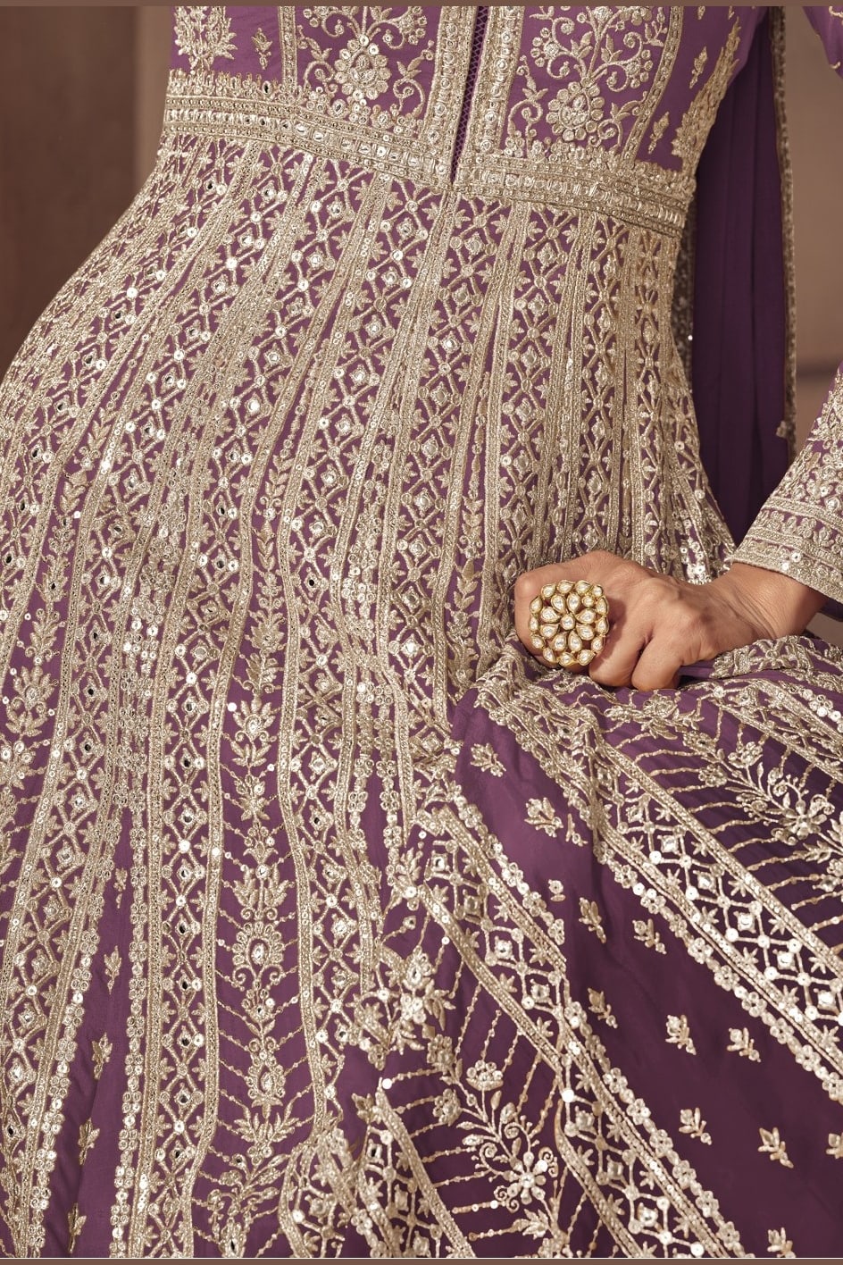 Purple anarkali for wedding waist-down view showing flared skirt embroidery