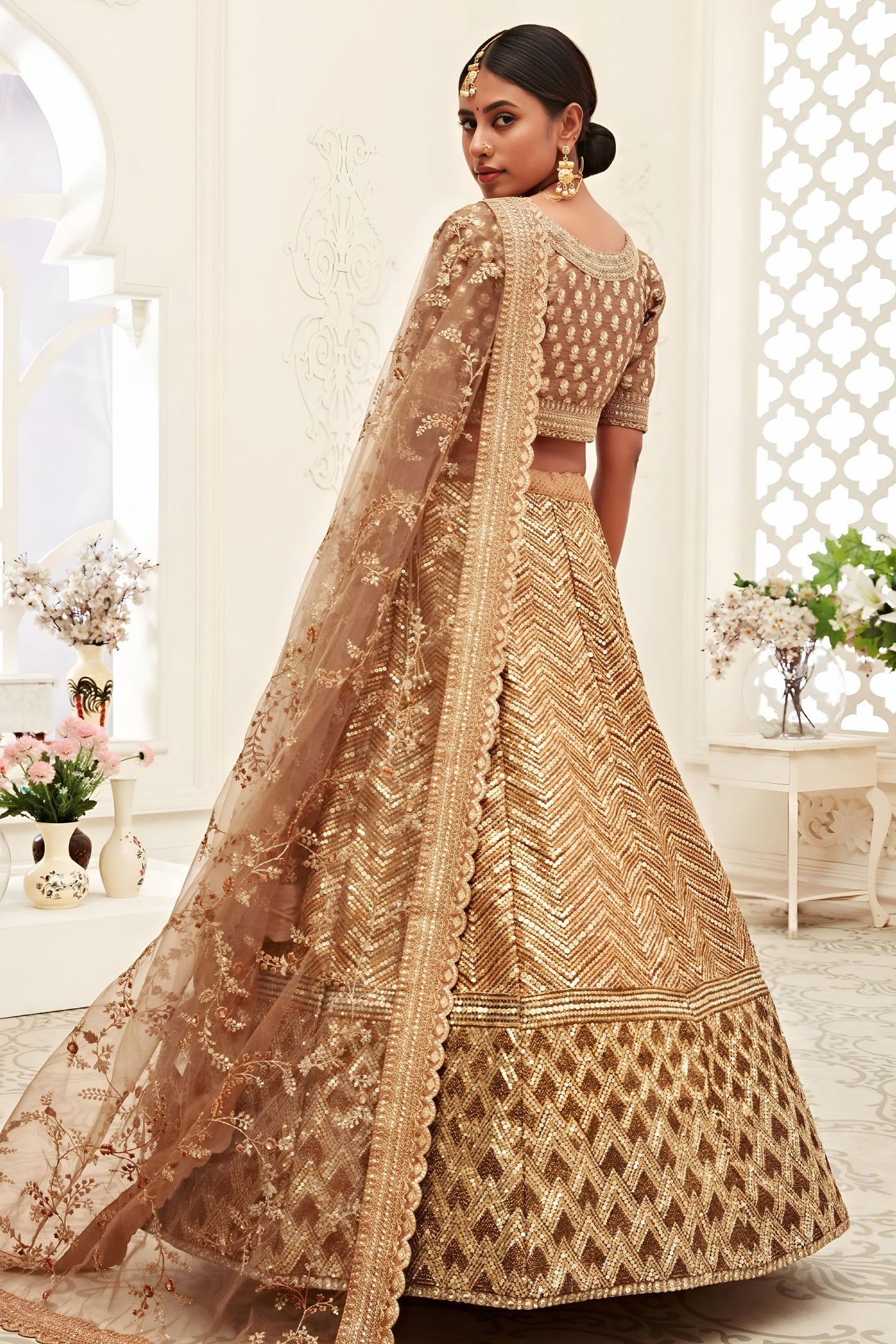 Gold Slub Silk Chaniya Choli with Zari and Sequins Embroidery