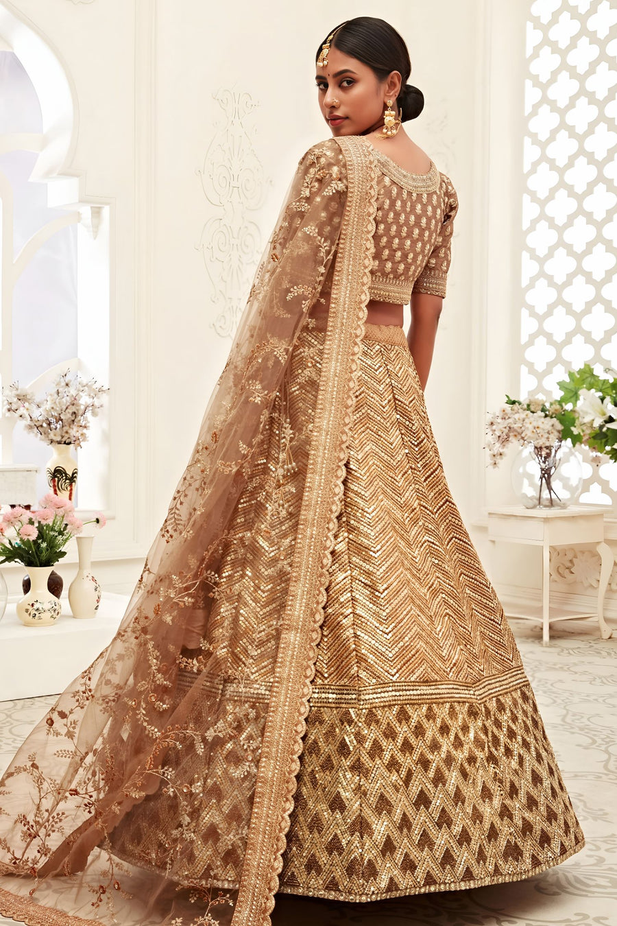 Gold Slub Silk Chaniya Choli with Zari and Sequins Embroidery