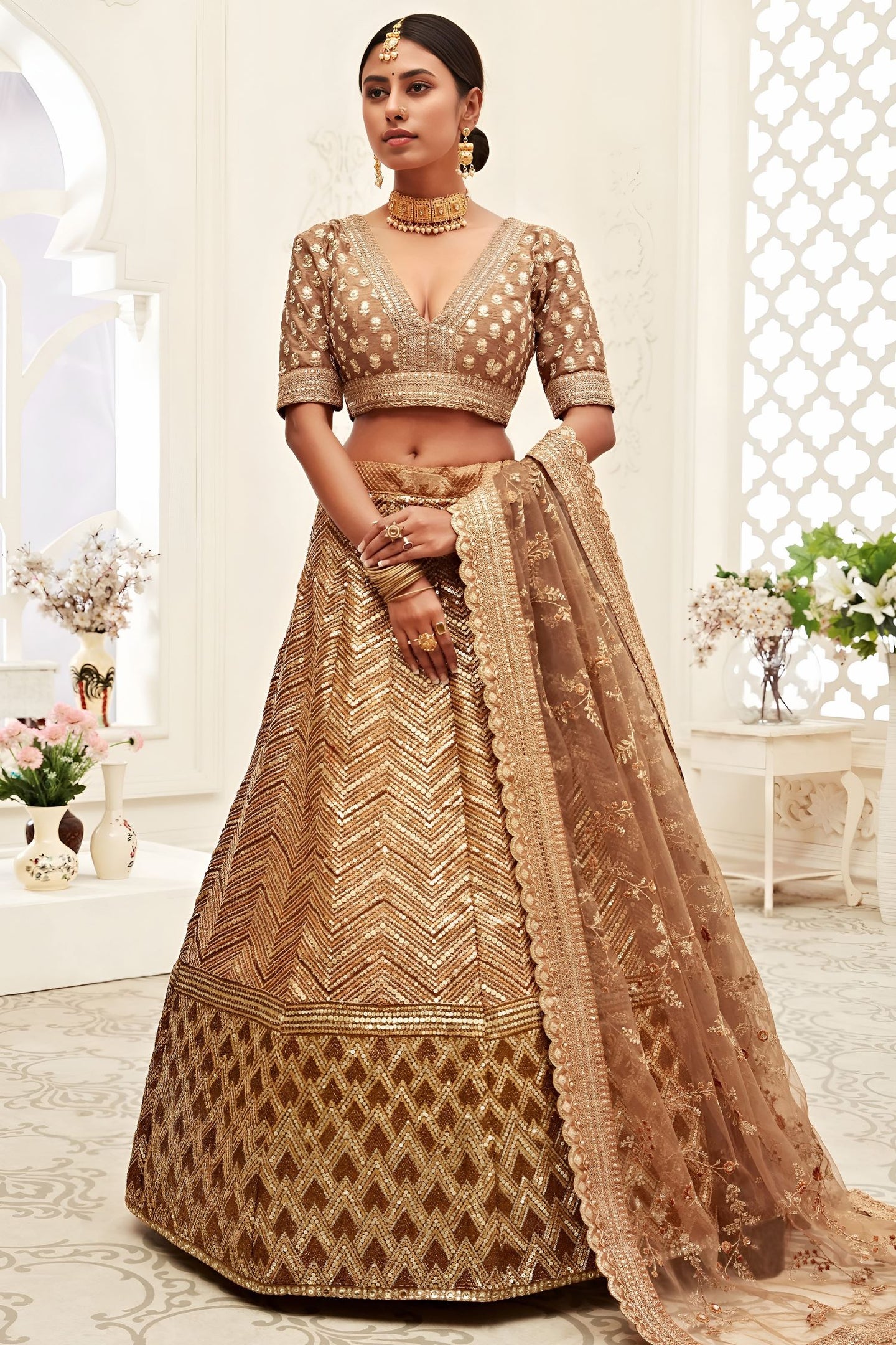 Gold Slub Silk Chaniya Choli with Zari and Sequins Embroidery