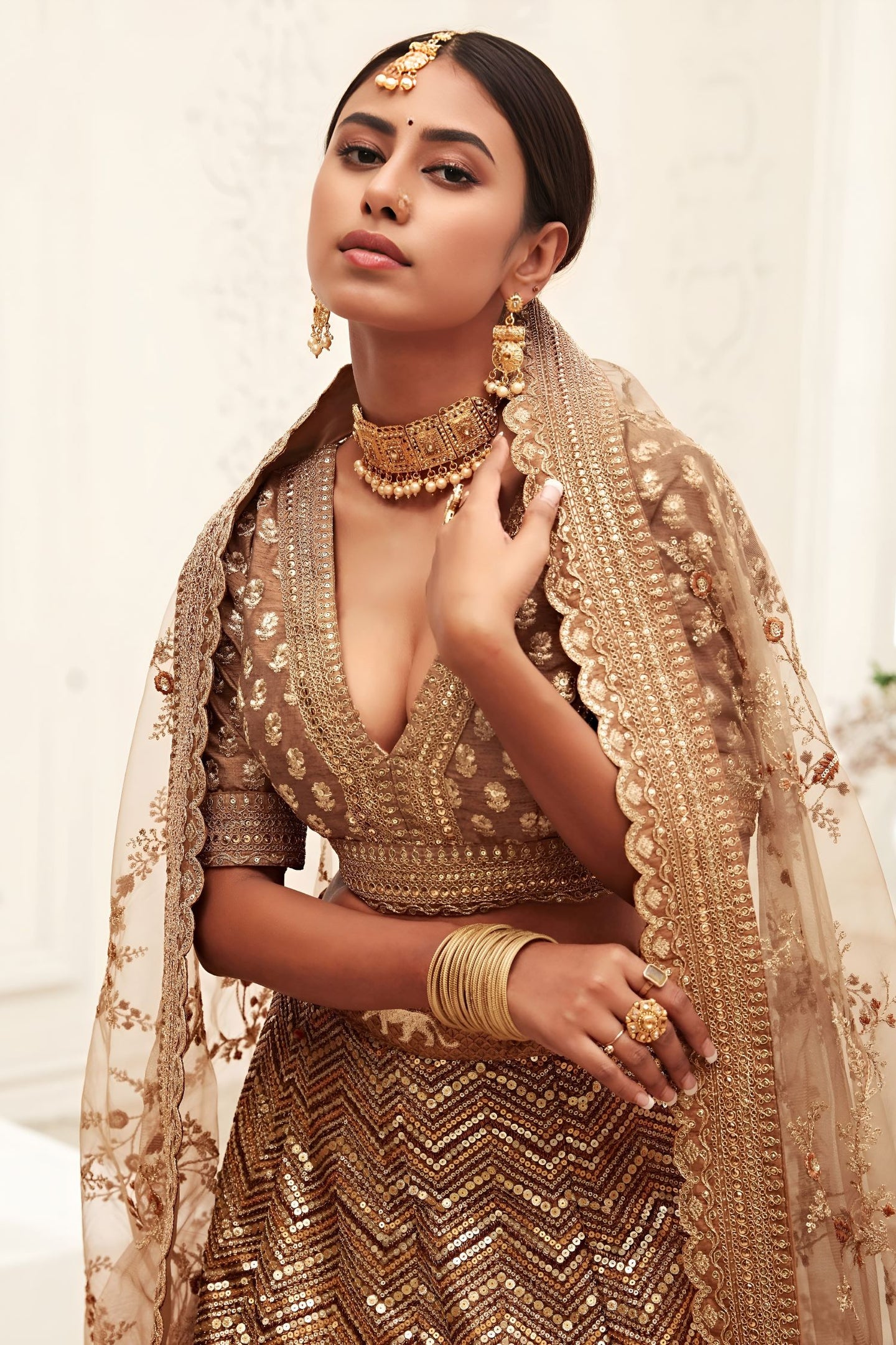 Gold Slub Silk Chaniya Choli with Zari and Sequins Embroidery