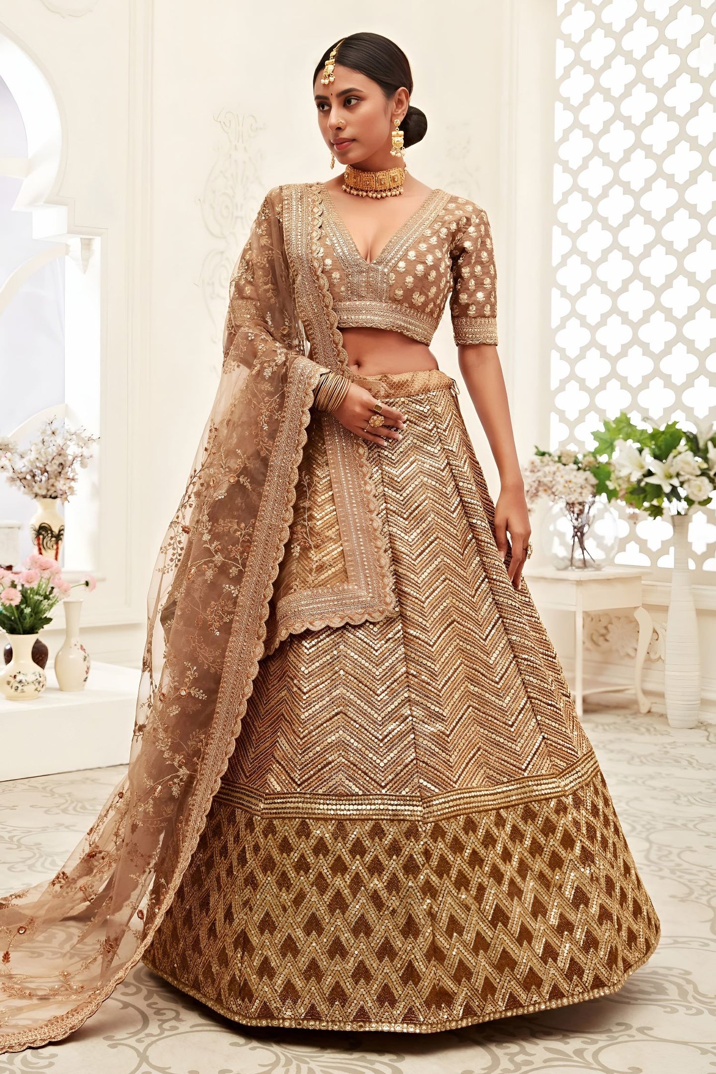 Gold Slub Silk Chaniya Choli with Zari and Sequins Embroidery