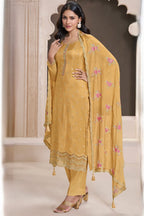 Golden Chinon Silk Kameez with Pant For Ladies Indian Festivals & Weddings - Embroidery Work