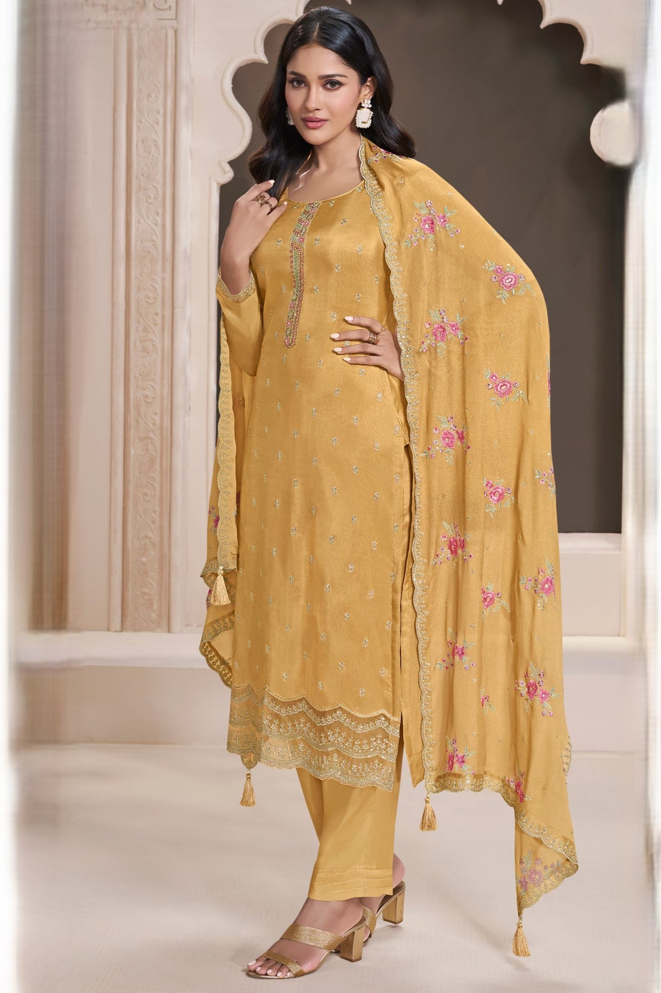 Golden Chinon Silk Kameez with Pant For Ladies Indian Festivals & Weddings - Embroidery Work