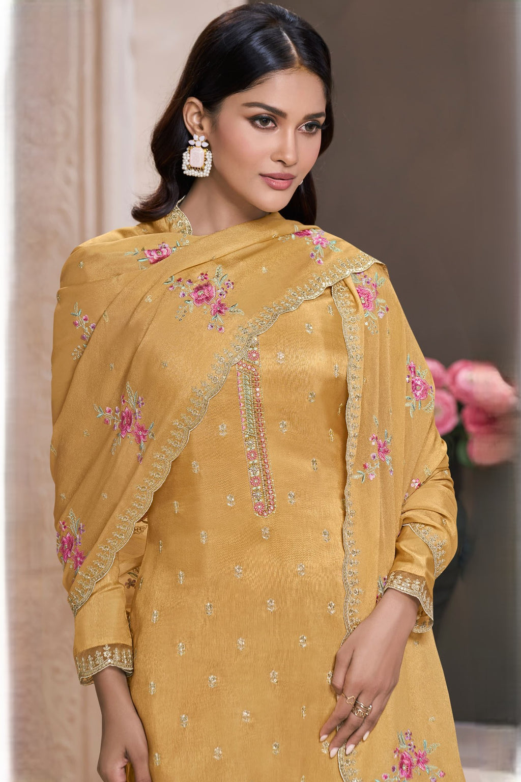 Golden Chinon Silk Kameez with Pant For Ladies Indian Festivals & Weddings - Embroidery Work