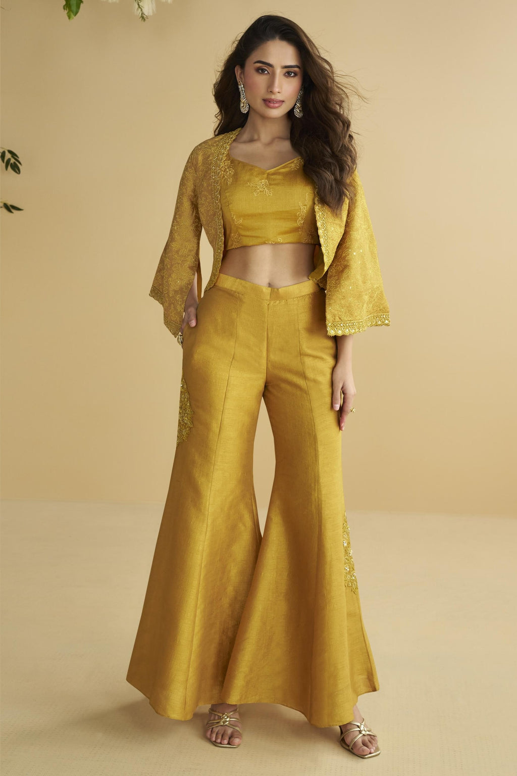 Golden Chinon Silk Palazzo Choli With Jacket For Indian & Pakistani Wedding Festival - Embroidery Work