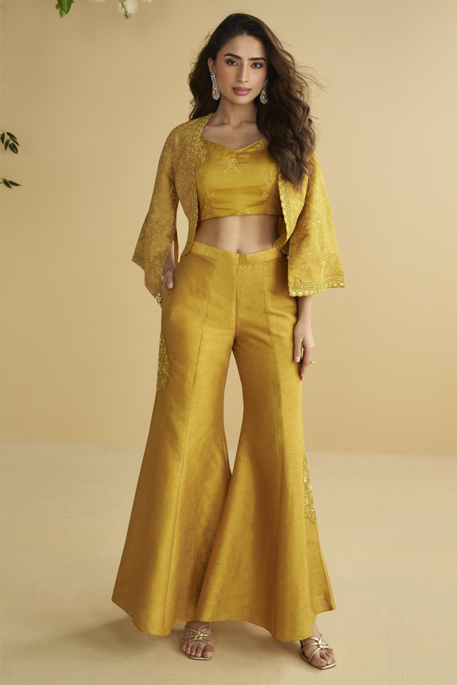 Golden Chinon Silk Palazzo Choli With Jacket For Indian & Pakistani Wedding Festival - Embroidery Work