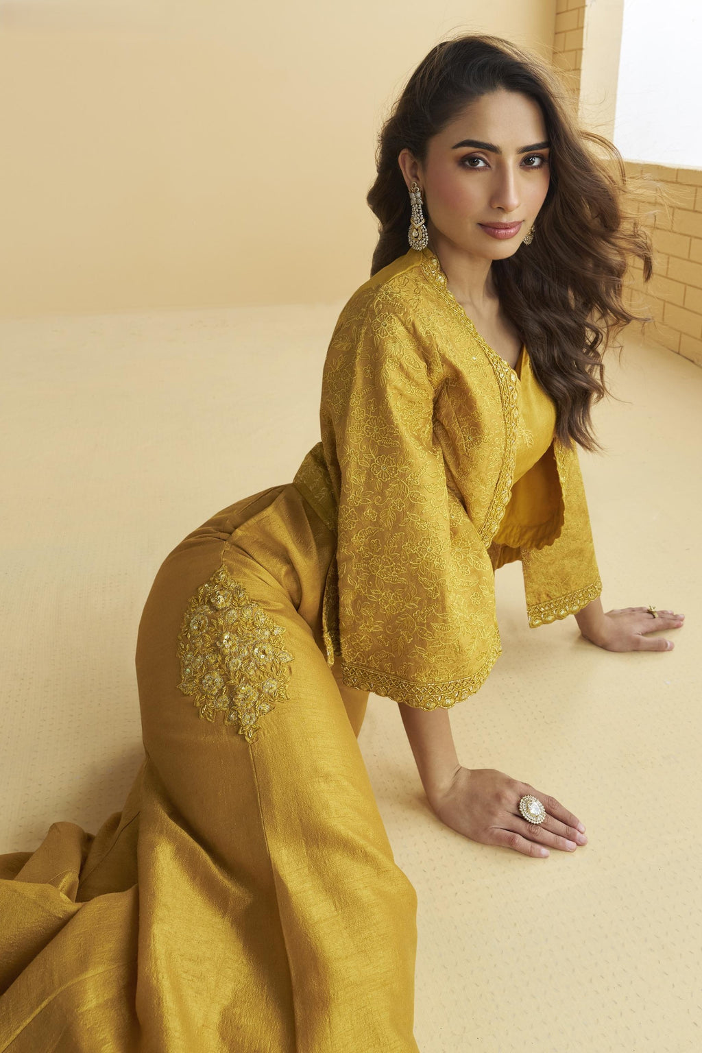 Golden Chinon Silk Palazzo Choli With Jacket For Indian & Pakistani Wedding Festival - Embroidery Work