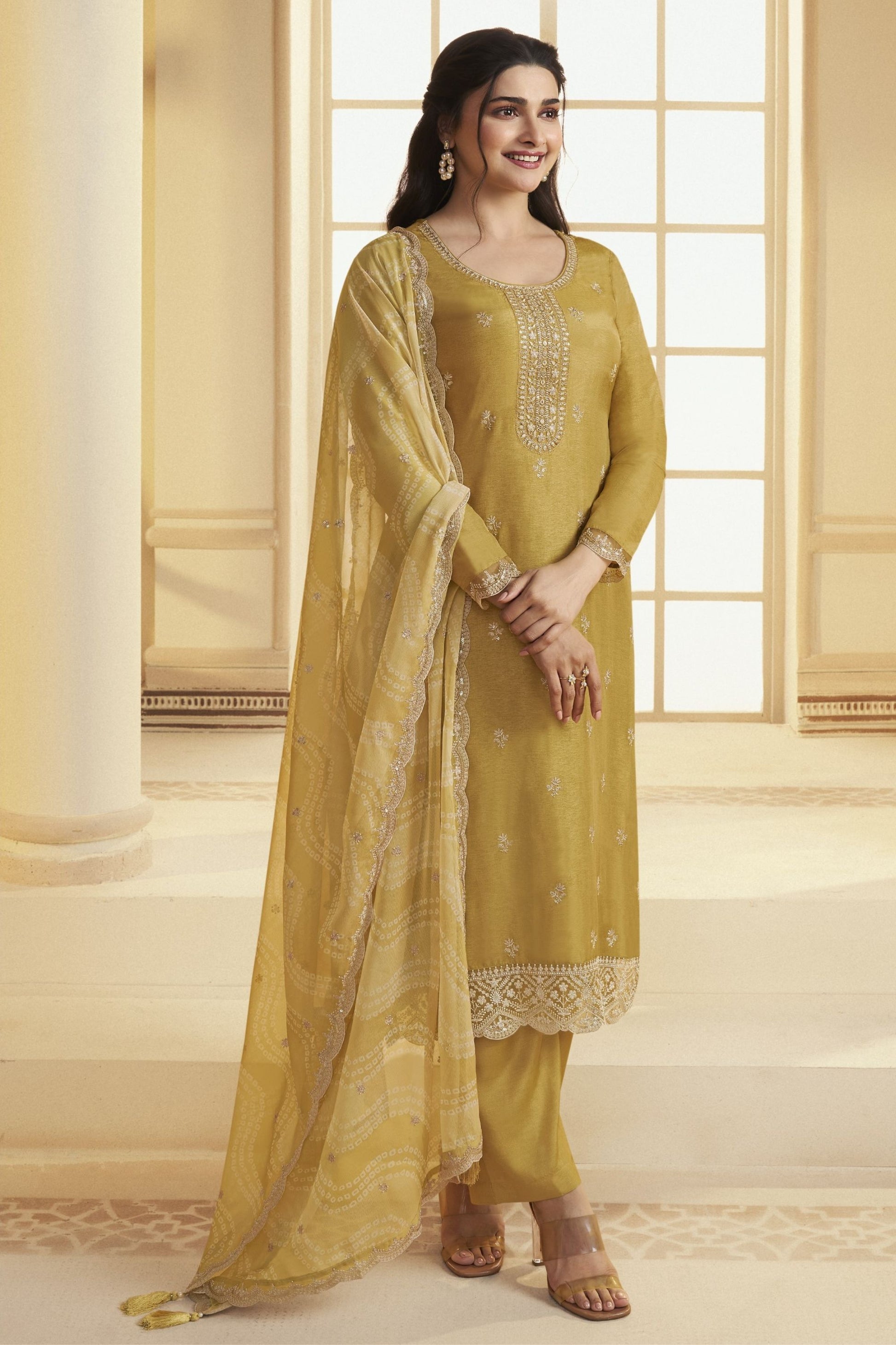 Golden Dola Silk Plus Size Upto 9XL Size Kameez Pant Suit For Indian Festivals & Pakistani Weddings Dress - Embroidery Work, Print Work