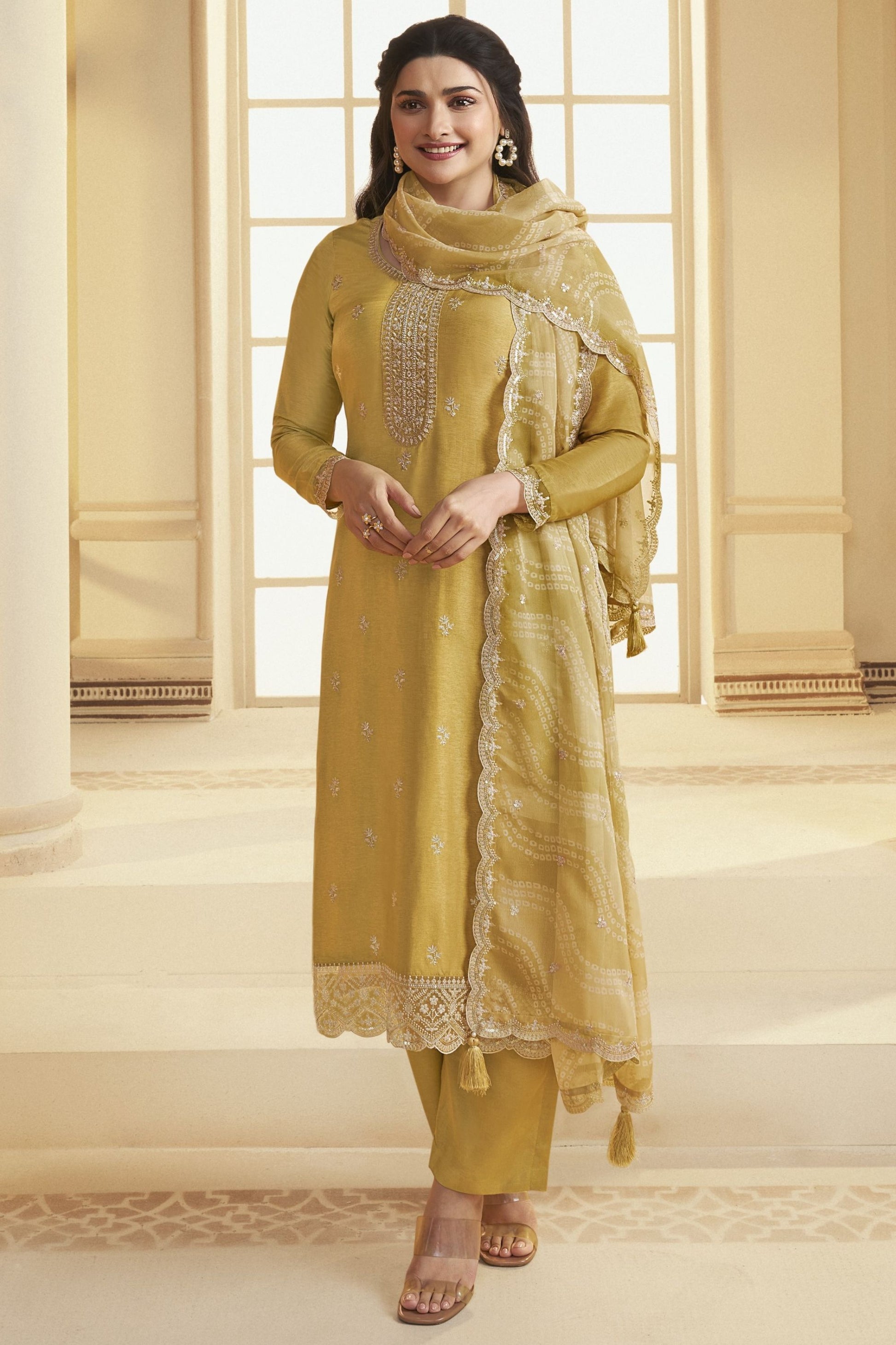 Golden Dola Silk Plus Size Upto 9XL Size Kameez Pant Suit For Indian Festivals & Pakistani Weddings Dress - Embroidery Work, Print Work