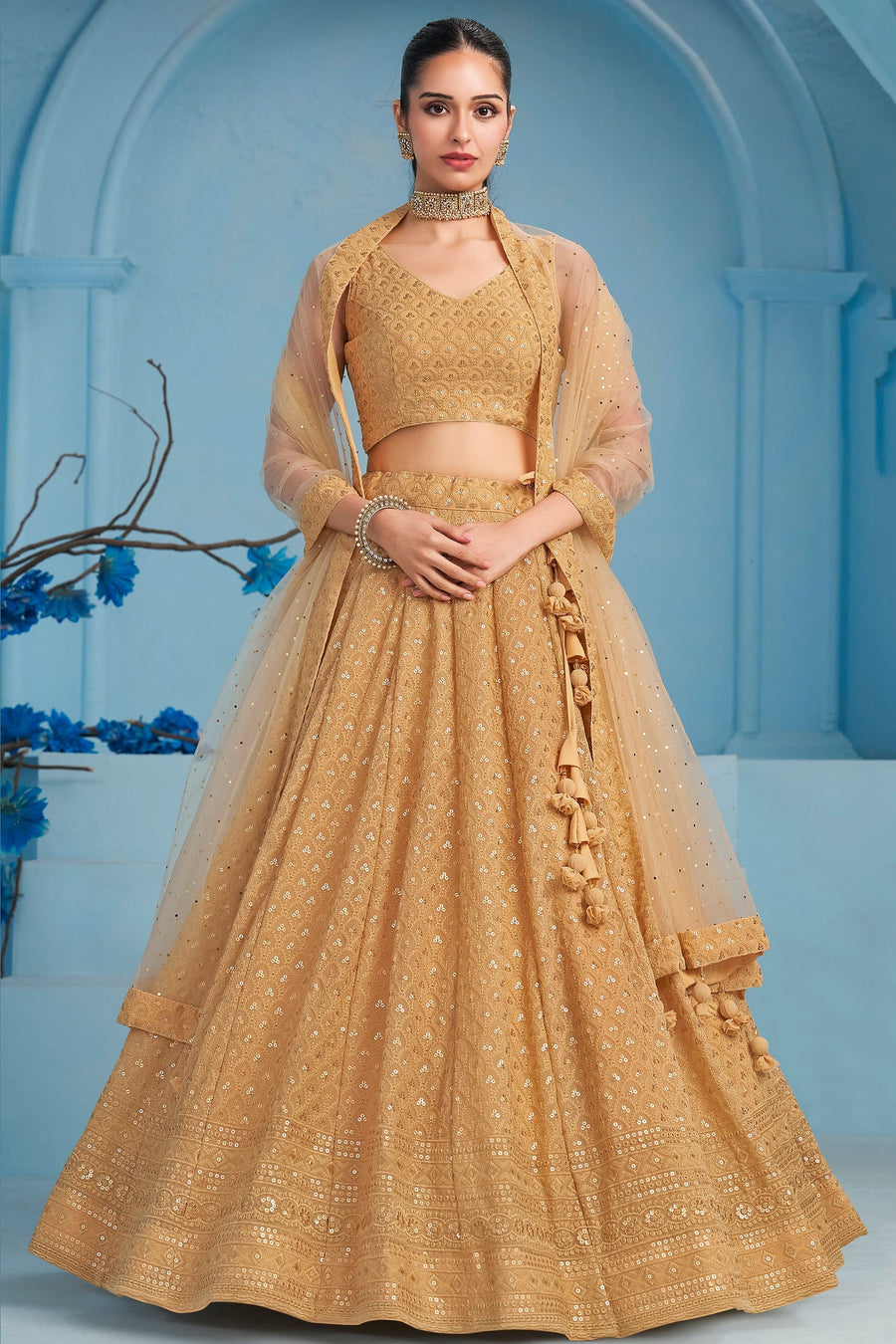 Golden Georgette Lehenga Choli For Indian & Pakistani Wedding Festival - Sequins & Thread Embroidery Work