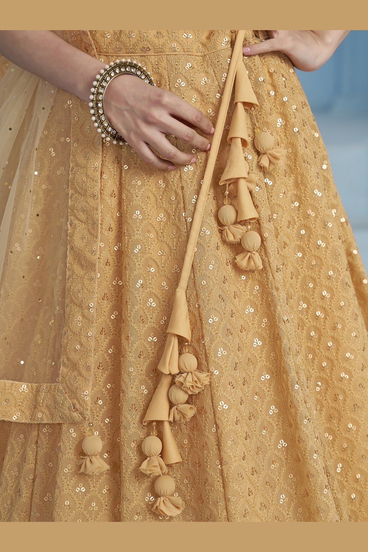 Golden Georgette Lehenga Choli For Indian & Pakistani Wedding Festival - Sequins & Thread Embroidery Work