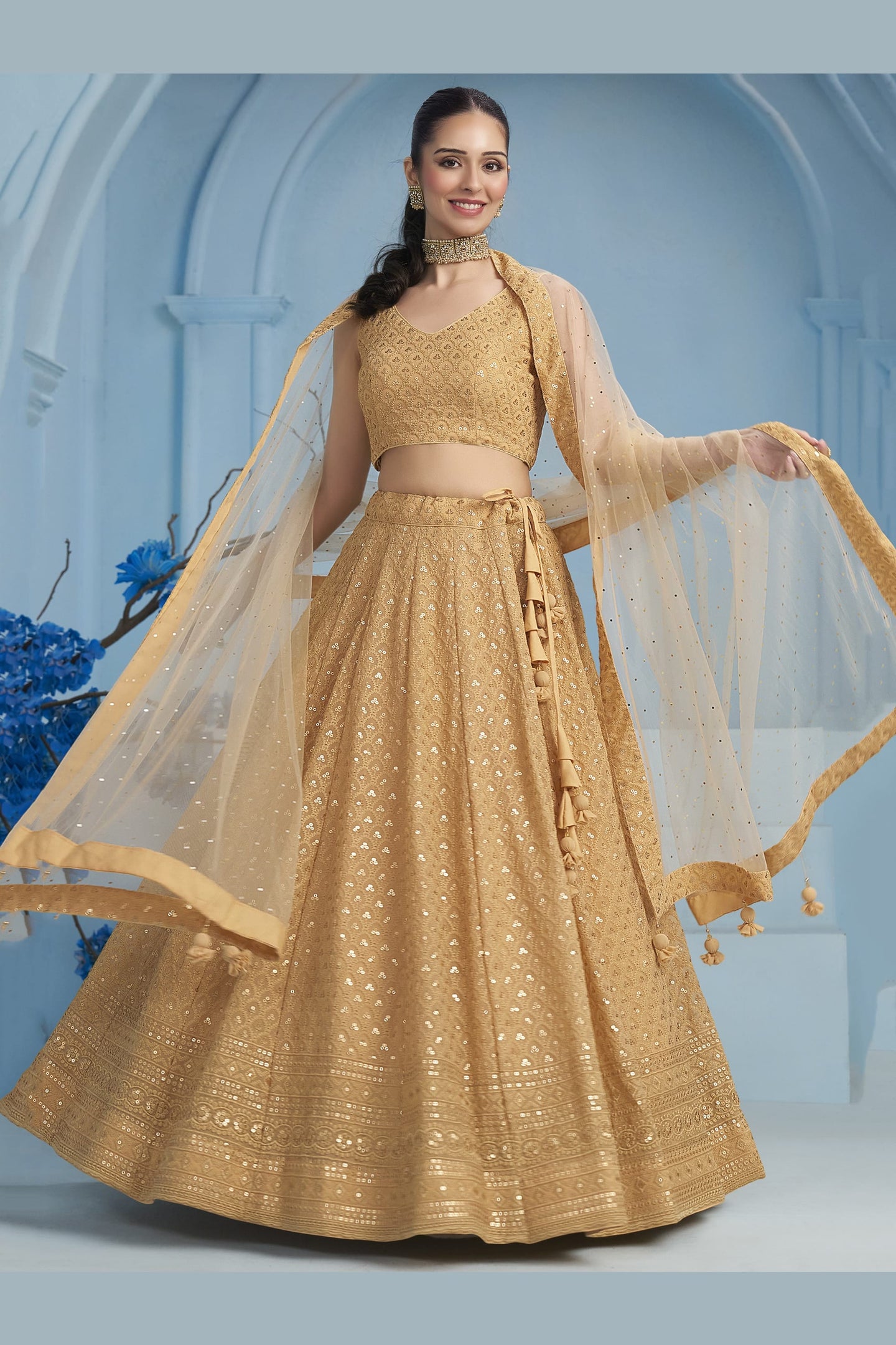 Golden Georgette Lehenga Choli For Indian & Pakistani Wedding Festival - Sequins & Thread Embroidery Work