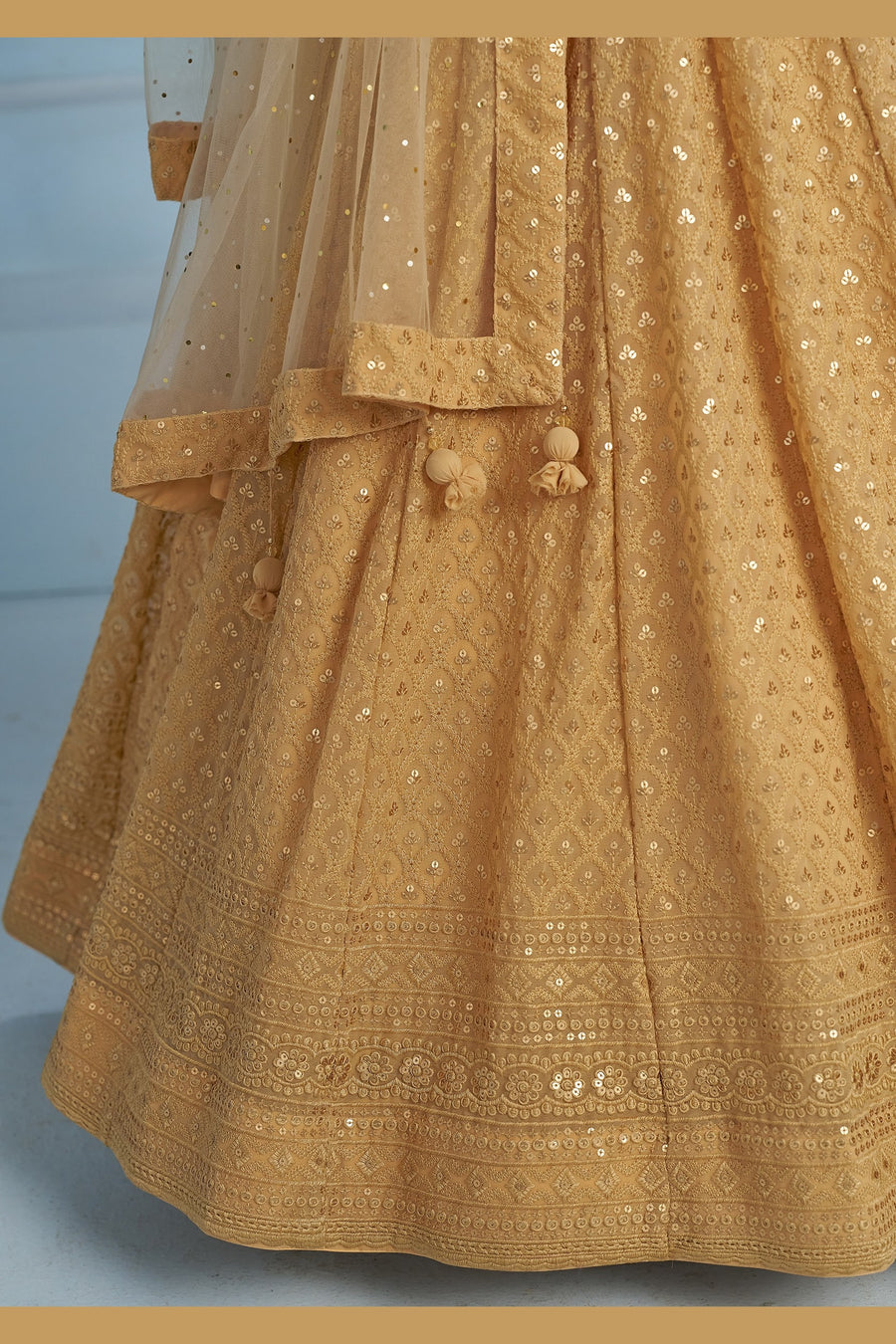 Golden Georgette Lehenga Choli For Indian & Pakistani Wedding Festival - Sequins & Thread Embroidery Work