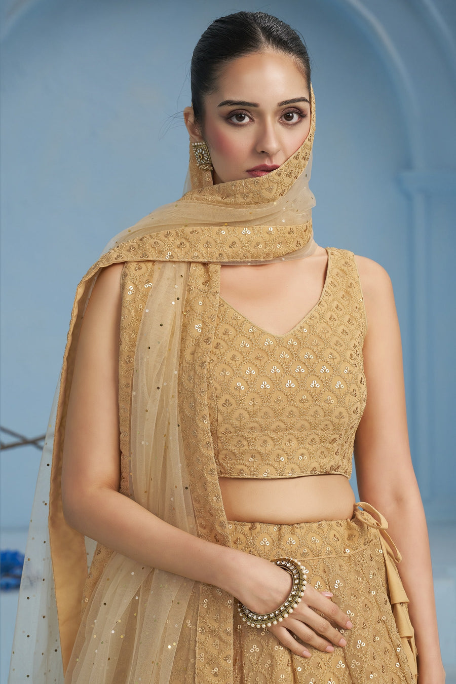 Golden Georgette Lehenga Choli For Indian & Pakistani Wedding Festival - Sequins & Thread Embroidery Work