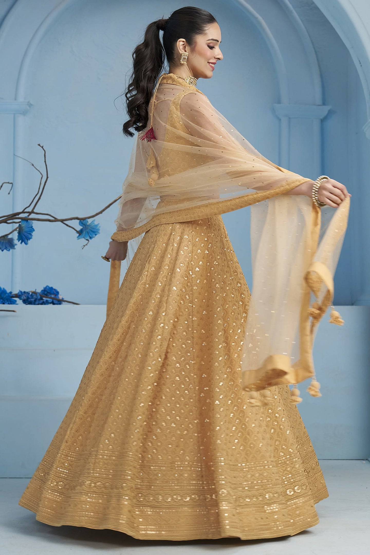 Golden Georgette Lehenga Choli For Indian & Pakistani Wedding Festival - Sequins & Thread Embroidery Work