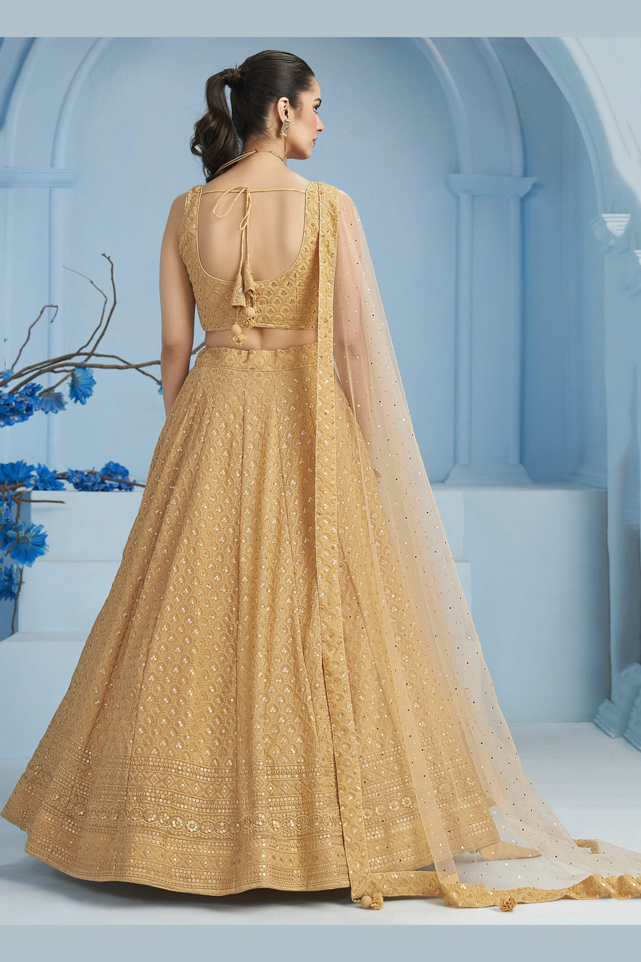 Golden Georgette Lehenga Choli For Indian & Pakistani Wedding Festival - Sequins & Thread Embroidery Work