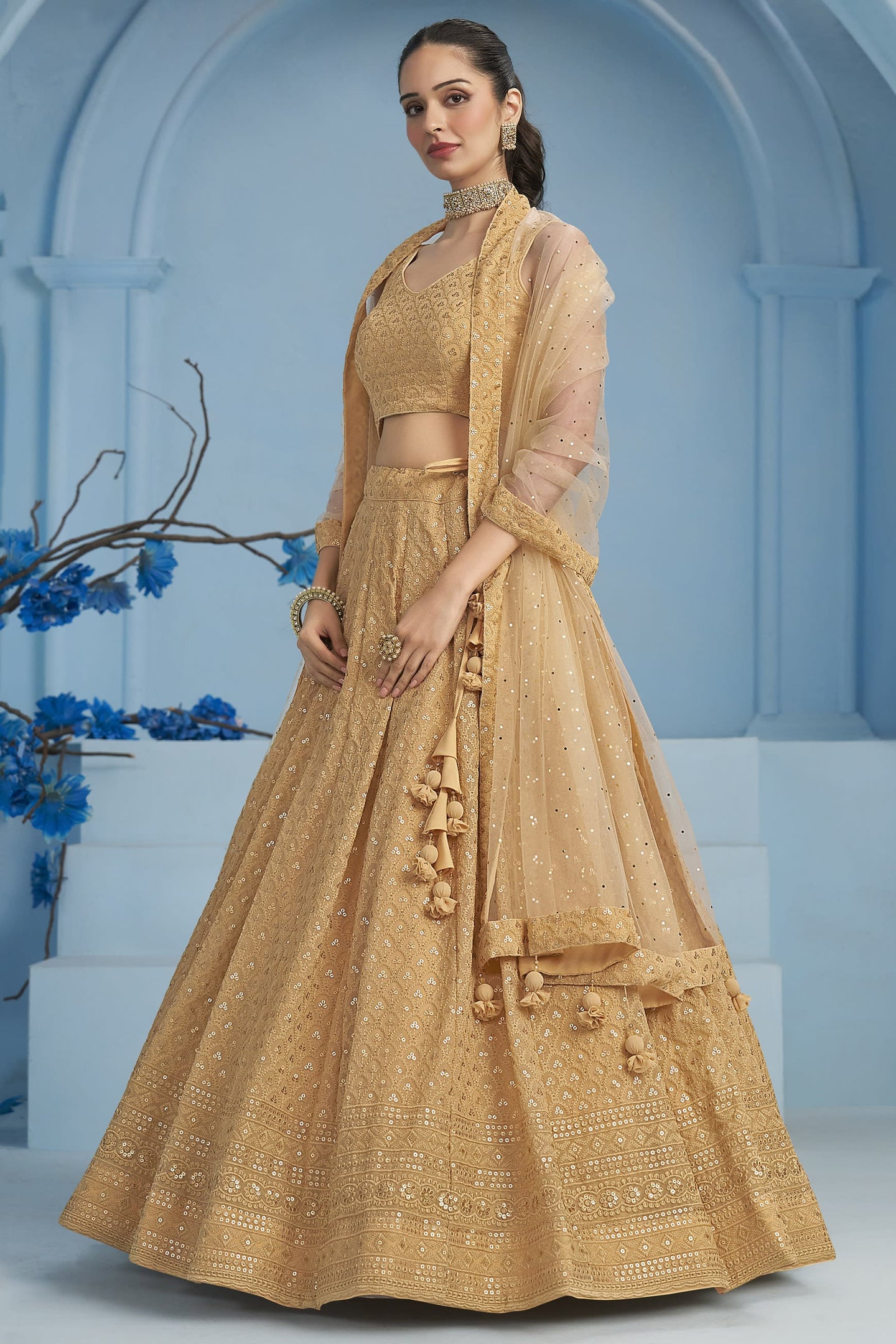 Golden Georgette Lehenga Choli For Indian & Pakistani Wedding Festival - Sequins & Thread Embroidery Work