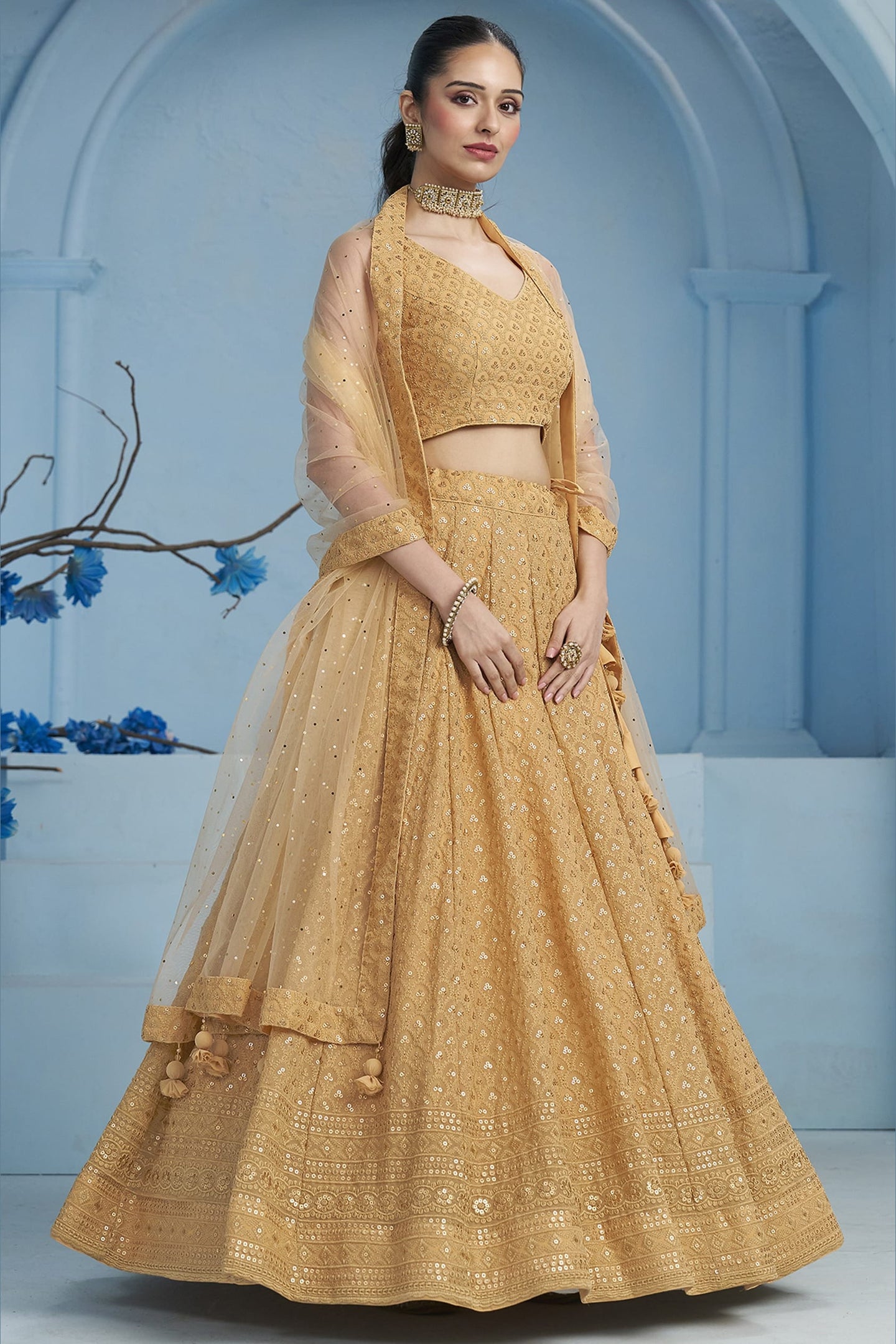 Golden Georgette Lehenga Choli For Indian & Pakistani Wedding Festival - Sequins & Thread Embroidery Work