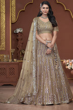 Golden Net Lehenga Choli For Indian Festivals & Pakistani Weddings Dress - Zarkan Work, Sequence Embroidery Work
