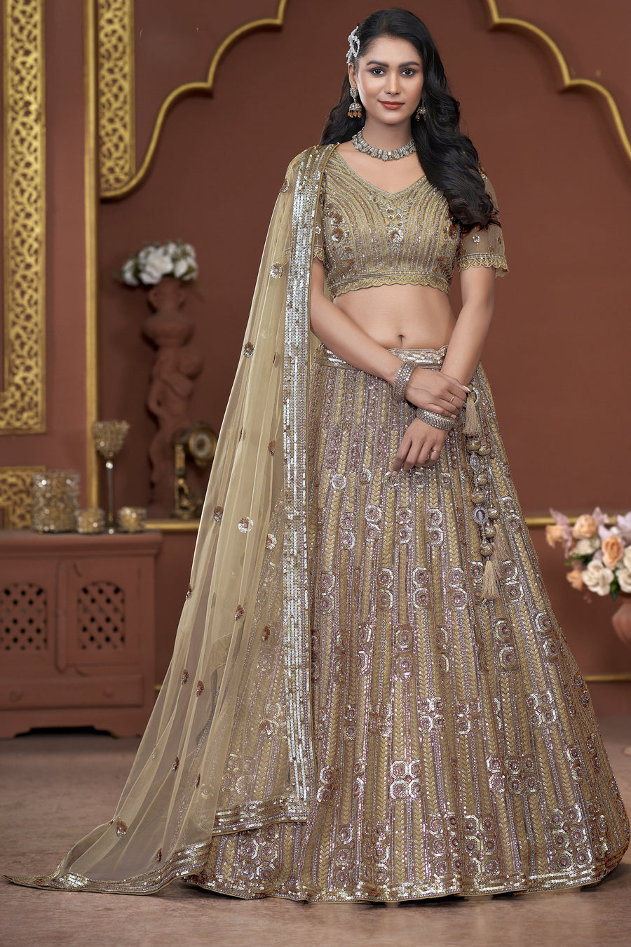 Golden Net Lehenga Choli For Indian Festivals & Pakistani Weddings Dress - Zarkan Work, Sequence Embroidery Work