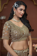 Golden Net Lehenga Choli For Indian Festivals & Pakistani Weddings Dress - Zarkan Work, Sequence Embroidery Work