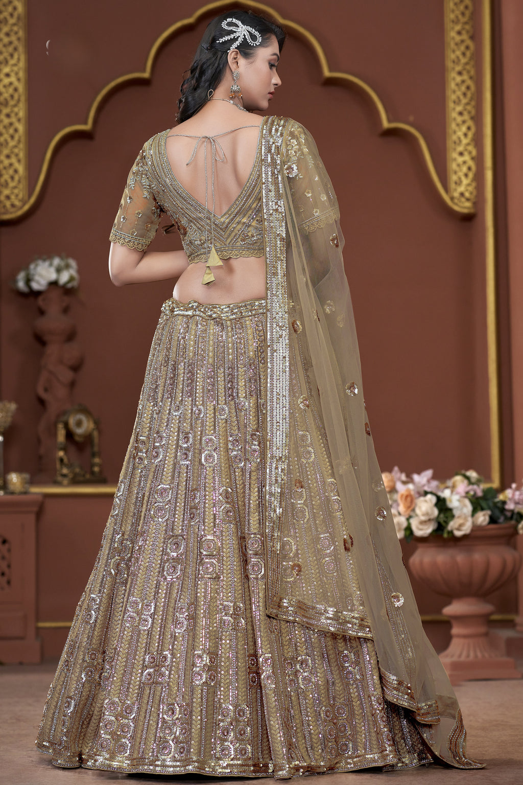 Golden Net Lehenga Choli For Indian Festivals & Pakistani Weddings Dress - Zarkan Work, Sequence Embroidery Work