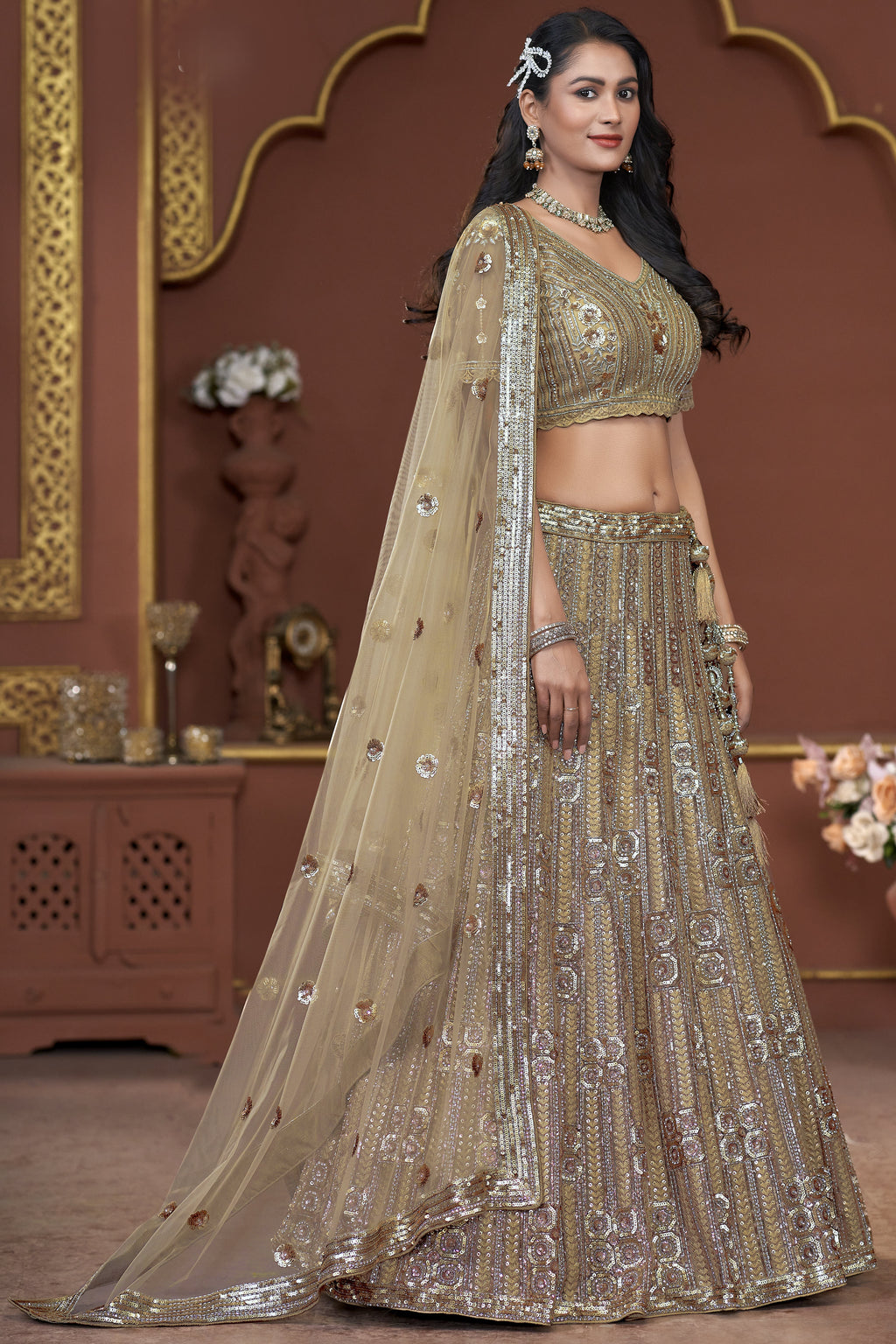 Golden Net Lehenga Choli For Indian Festivals & Pakistani Weddings Dress - Zarkan Work, Sequence Embroidery Work