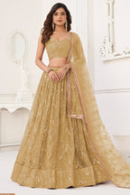 Golden Net Lehenga Choli For Indian & Pakistani Wedding Festival - Thread Embroidery Work, Sequence Embroidery Work, Real Mirror Work