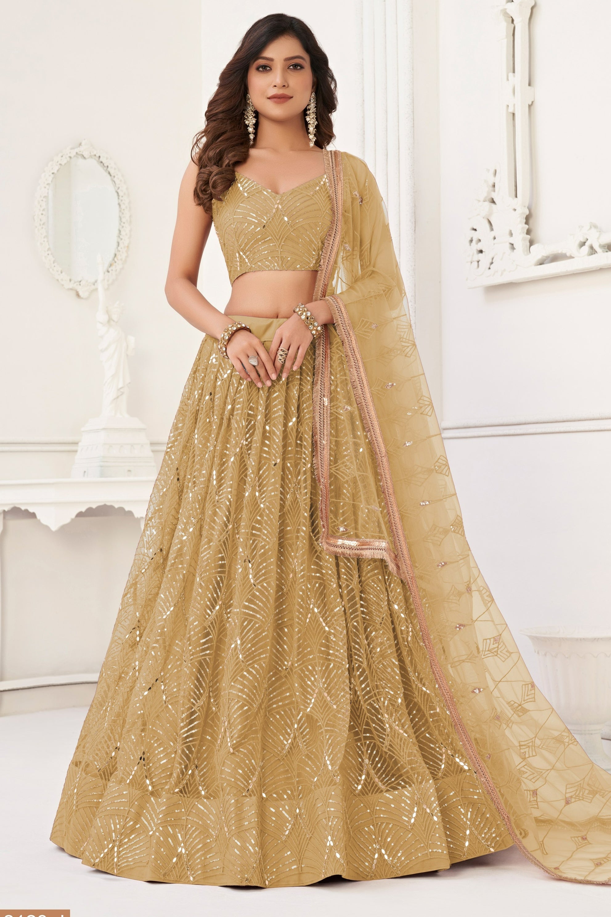 Golden Net Lehenga Choli For Indian & Pakistani Wedding Festival - Thread Embroidery Work, Sequence Embroidery Work, Real Mirror Work