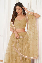 Golden Net Lehenga Choli For Indian & Pakistani Wedding Festival - Thread Embroidery Work, Sequence Embroidery Work, Real Mirror Work