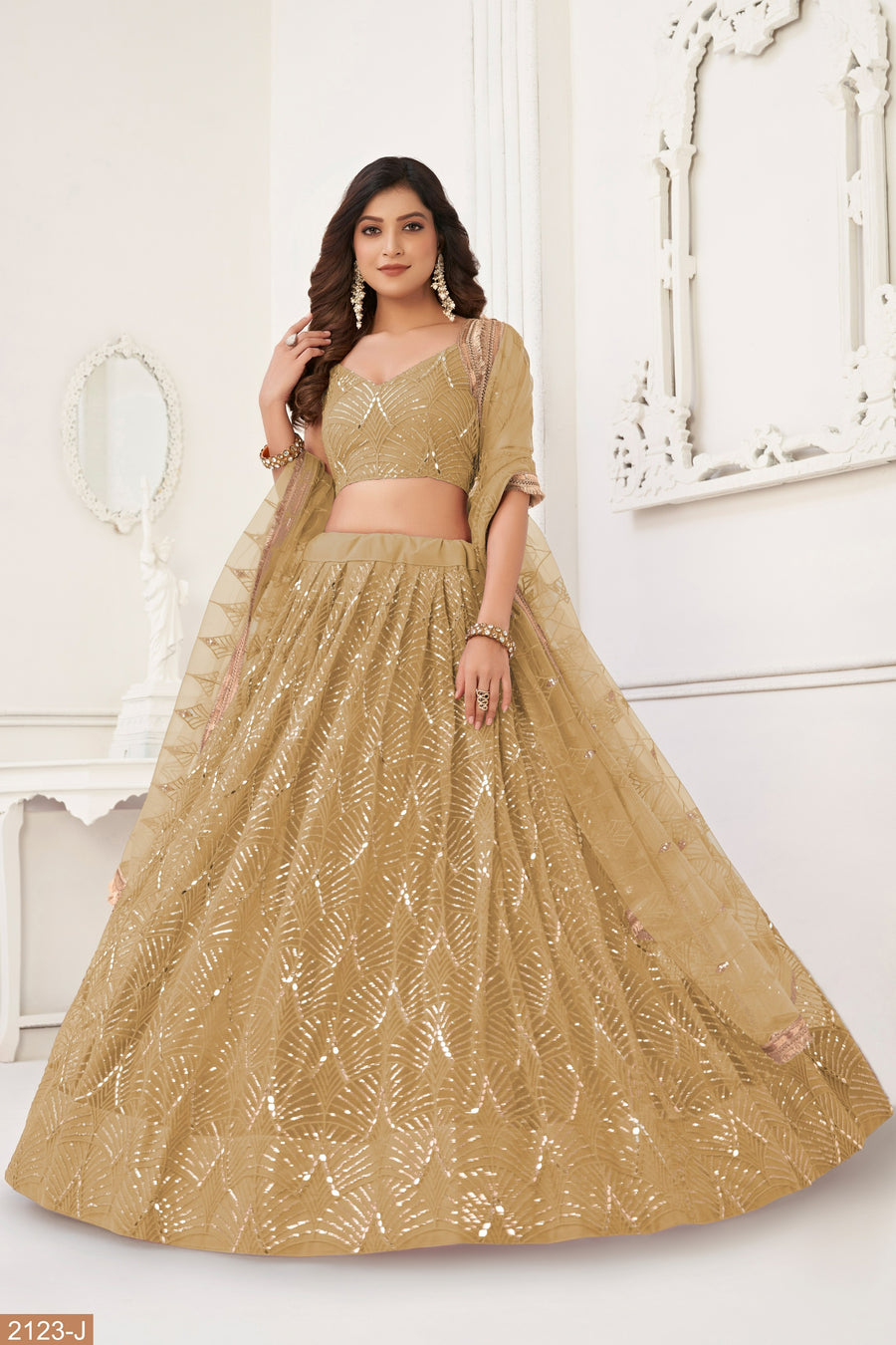 Golden Net Lehenga Choli For Indian & Pakistani Wedding Festival - Thread Embroidery Work, Sequence Embroidery Work, Real Mirror Work