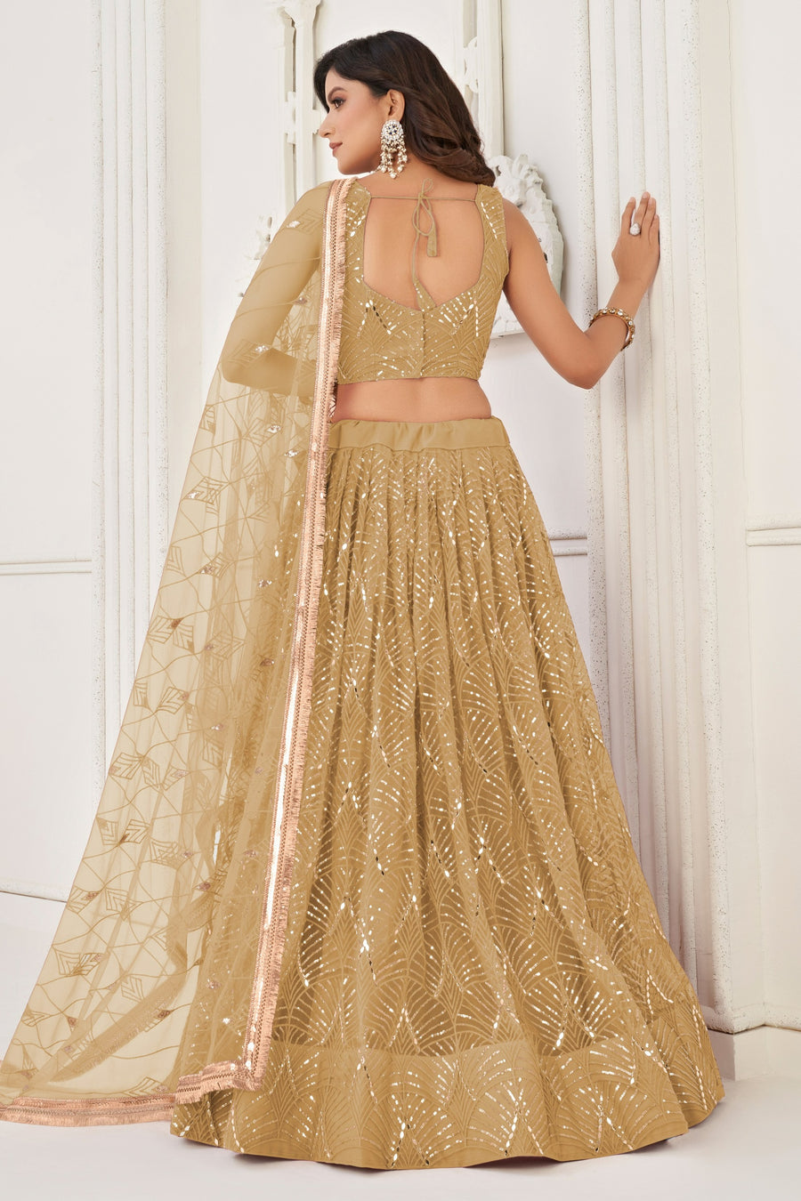 Golden Net Lehenga Choli For Indian & Pakistani Wedding Festival - Thread Embroidery Work, Sequence Embroidery Work, Real Mirror Work